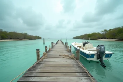 Embarcadère en bois avec bateau blanc amarré sur le lagon turquoise du Coral Lagoon Resort à Marathon, Floride