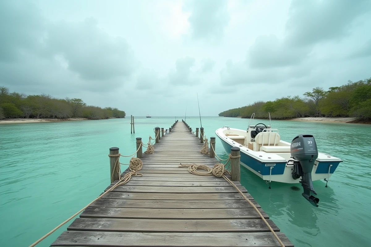 Embarcadère en bois avec bateau blanc amarré sur le lagon turquoise du Coral Lagoon Resort à Marathon, Floride