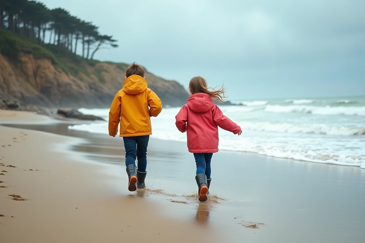 Deux enfants courant sur la plage bretonne avec l