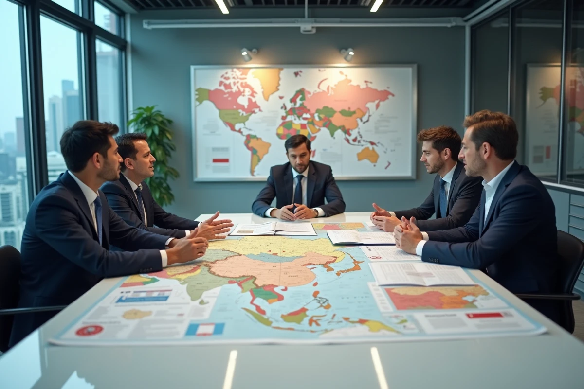 Équipe multiculturelle analysant les cartes géopolitiques des pays asiatiques lors d'une réunion en salle de conférence