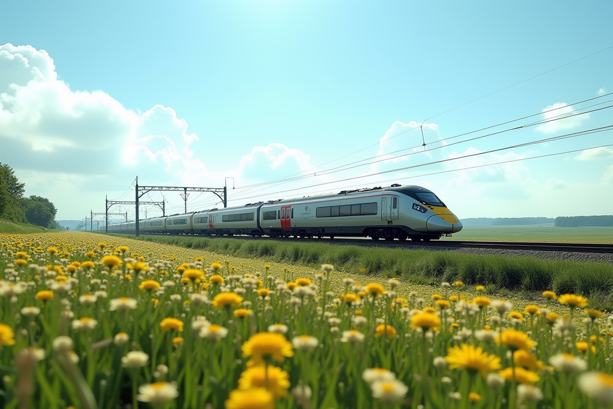Eurostar traversant la campagne française sous un ciel bleu