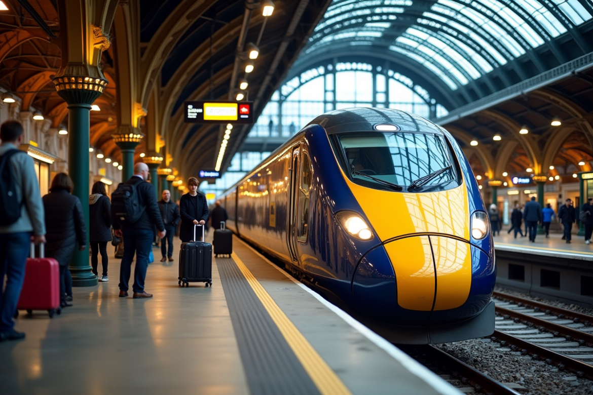 Eurostar arrivant à St Pancras avec voyageurs et architecture