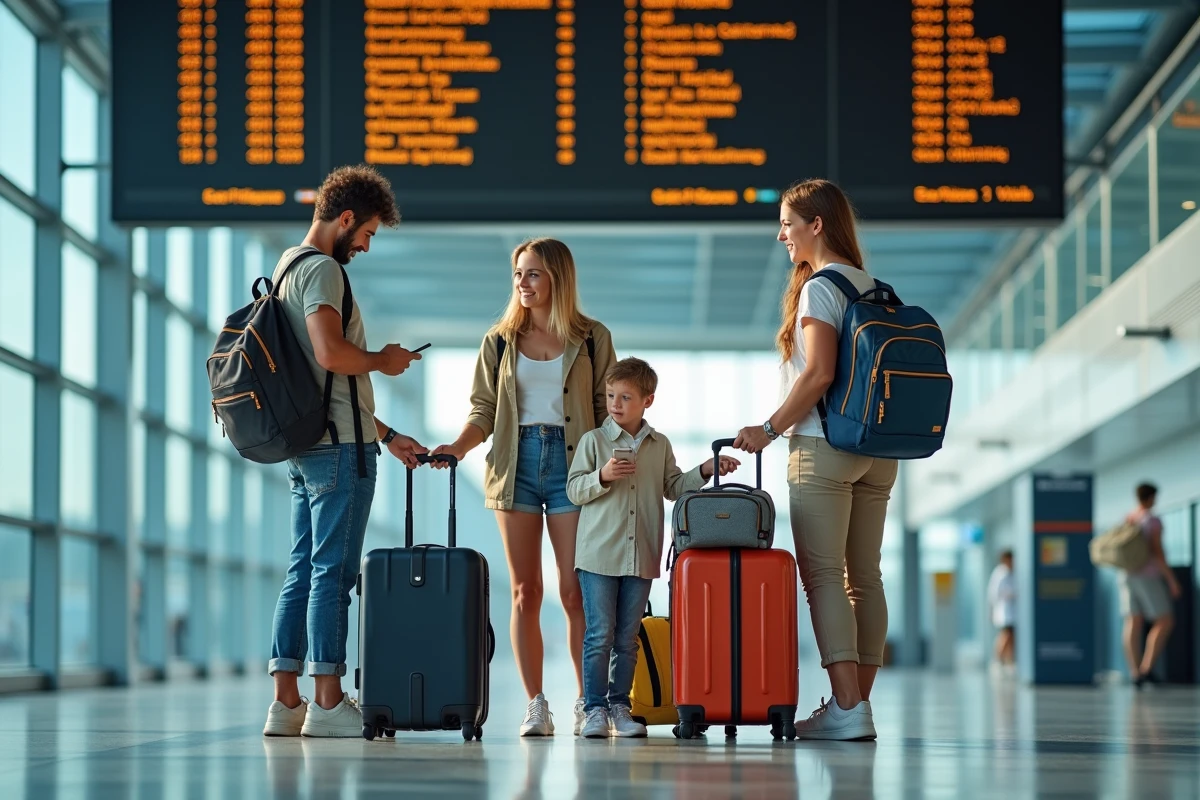 Famille avec bagages dans un aéroport français partant en vacances été 2026 grâce à Voyage Leclerc