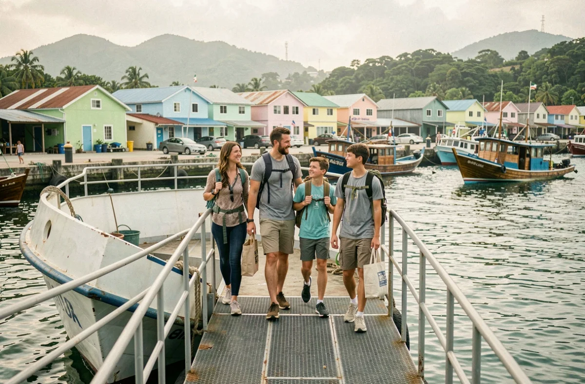 Famille embarquant sur un ferry inter îles dans un port coloré des Caraïbes avec sacs de voyage