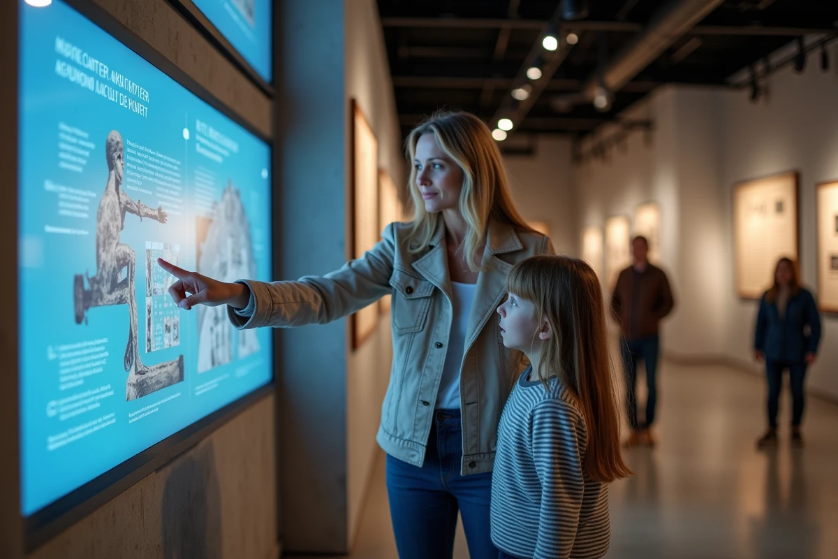 Mère et fille découvrant une exposition interactive au MuséoParc Alésia en famille