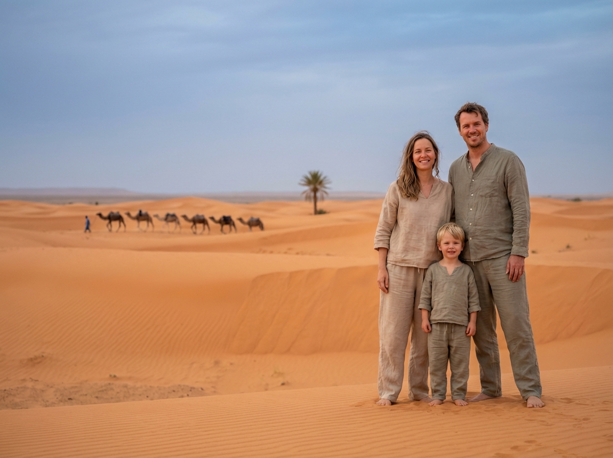 Famille dans les dunes du Sahara près de Merzouga
