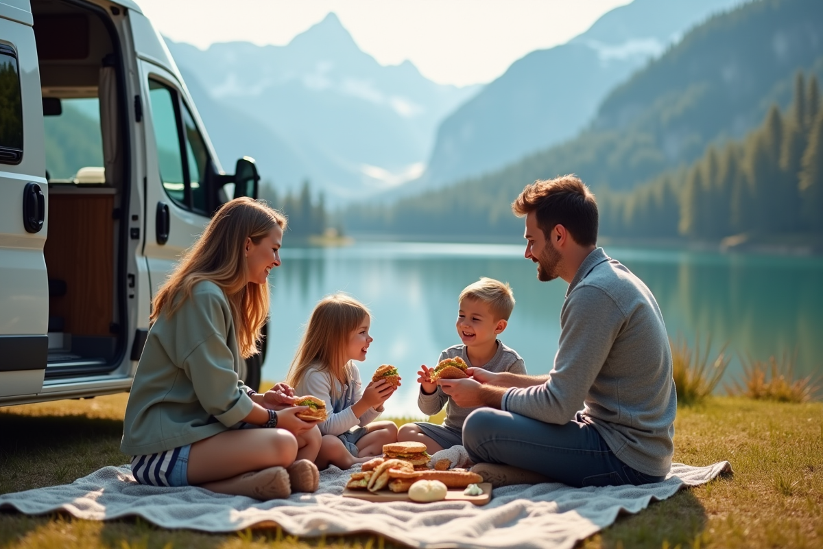 Famille en pique-nique au bord du lac avec montagnes