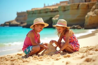 Famille construisant un chateau de sable sur une plage maltaise