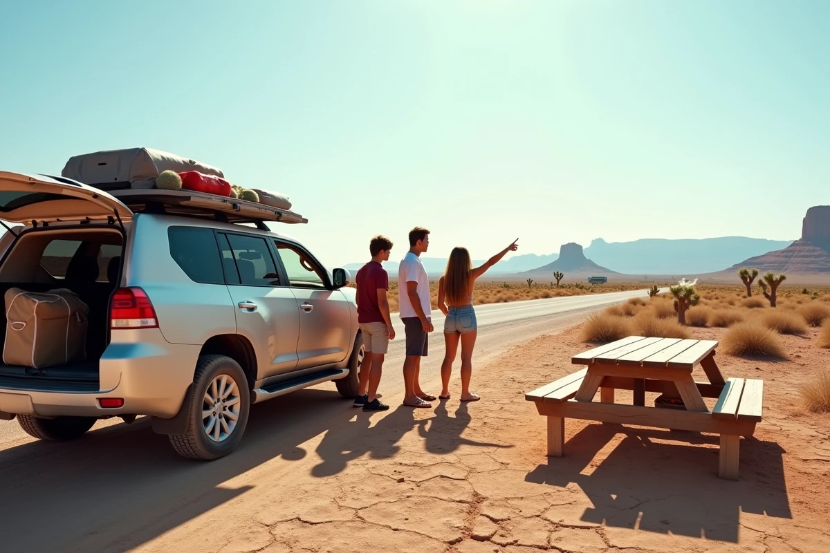 Famille en road trip faisant une pause dans le désert Mojave entre Los Angeles et Las Vegas, debout près de leur SUV