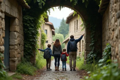 Famille explorant l'entrée d'un village abandonné en France entouré de végétation et de pierres en ruine