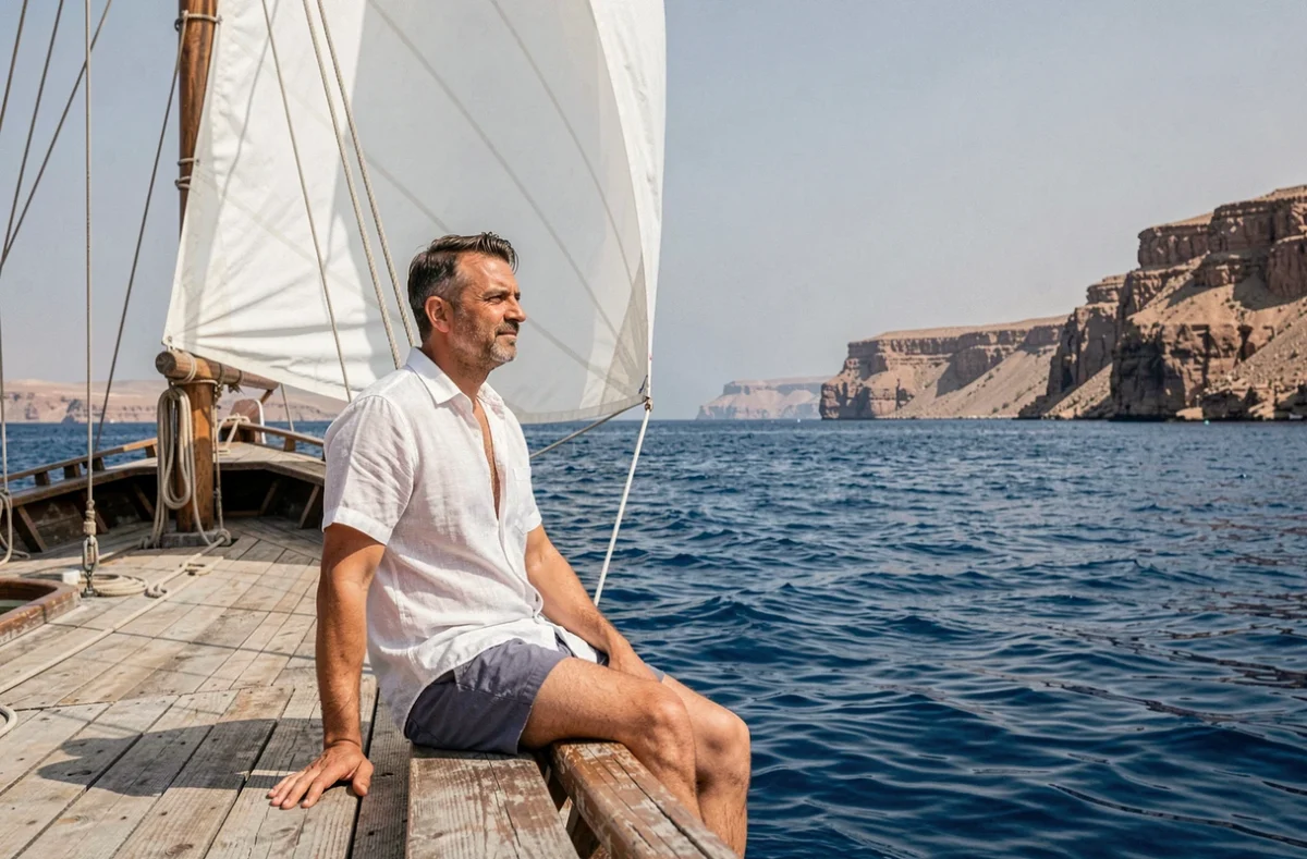 Homme à bord d'une felouque naviguant près de Sharm el-Sheikh en mer Rouge en Égypte