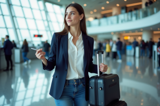 Jeune femme à l'aéroport compare ses bagages pour avion