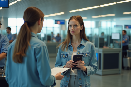 Jeune femme à l'aéroport avec passeport et billet