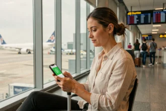 Femme en voyage à l'aéroport utilisant WhatsApp sur son smartphone avec une carte SIM internationale Saily