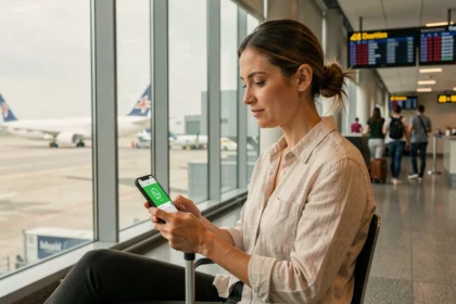 Femme en voyage à l'aéroport utilisant WhatsApp sur son smartphone avec une carte SIM internationale Saily