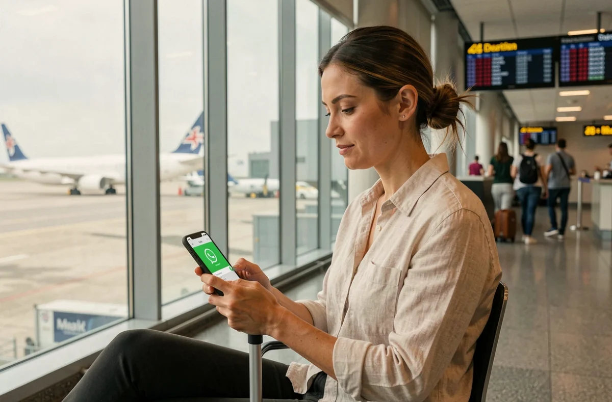 Femme en voyage à l'aéroport utilisant WhatsApp sur son smartphone avec une carte SIM internationale Saily