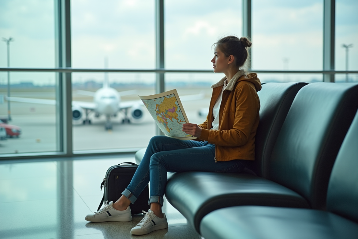 Jeune femme avec billet voyage et carte du monde à l'aéroport