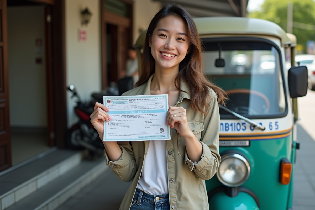 Jeune femme tenant un permis de conduire devant un bureau