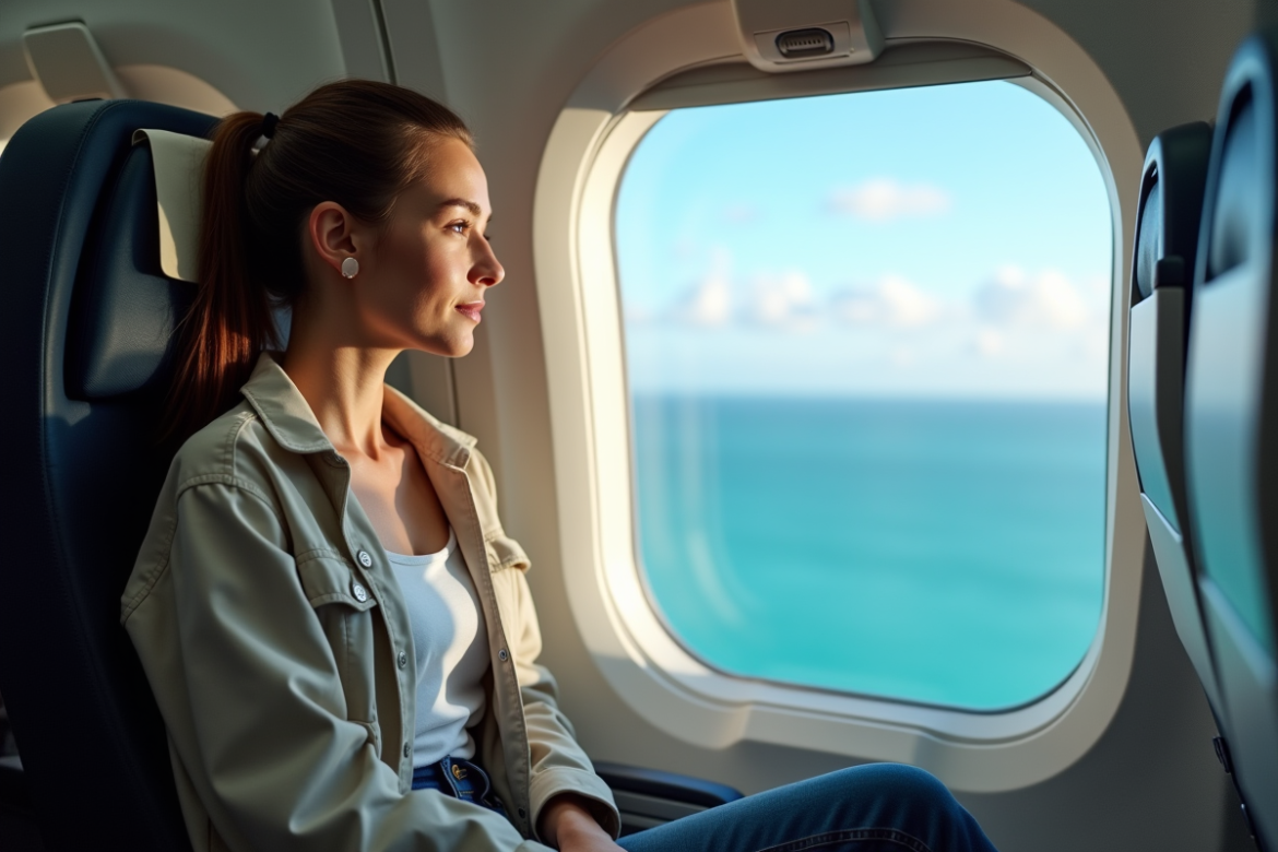 Jeune femme regardant par la fenetre d avion avec vue sur l ocea pacifique