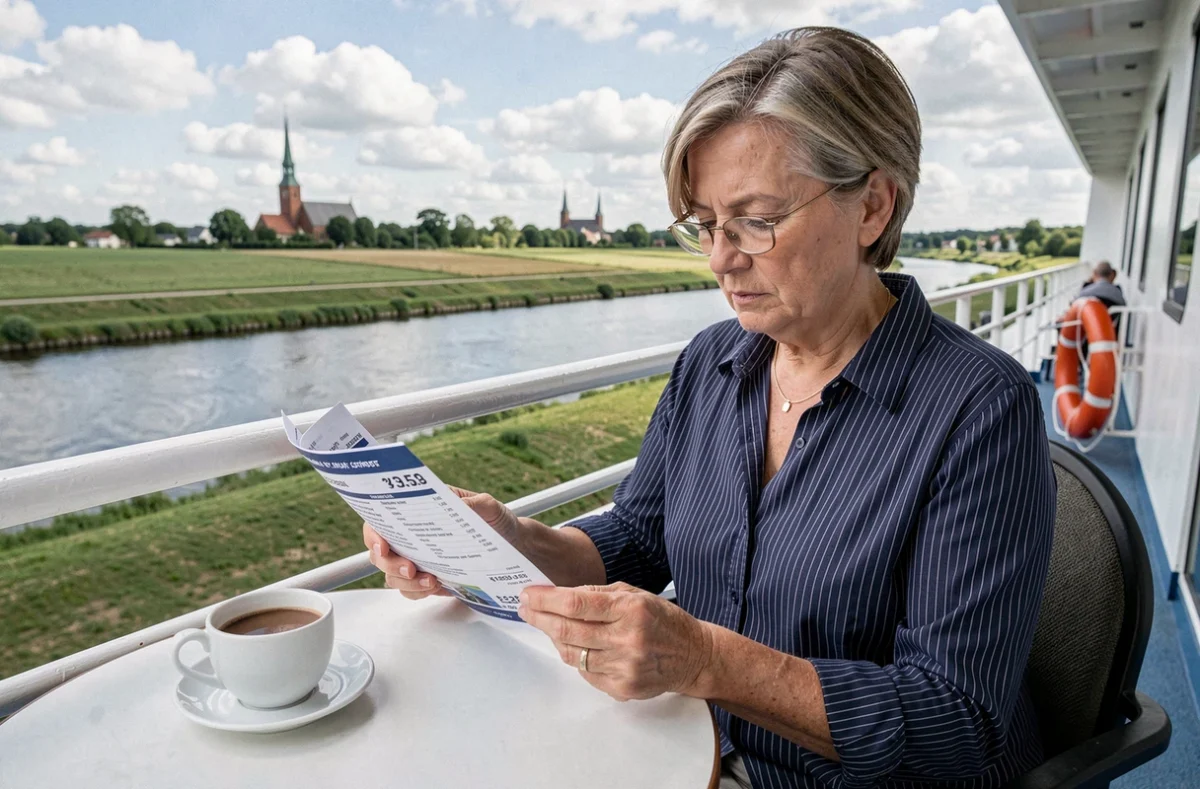 Femme consultant une brochure de tarifs de croisière fluviale sur le pont d'un bateau