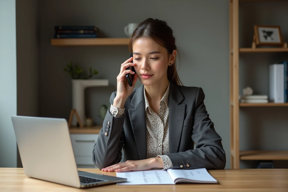 Femme au bureau consulte codes téléphoniques