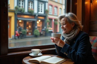 Femme lisant au café de Honfleur par temps de pluie