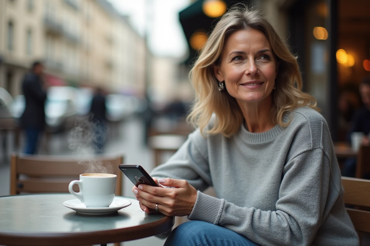 Femme assise dans un café parisien avec une tasse de café et smartphone