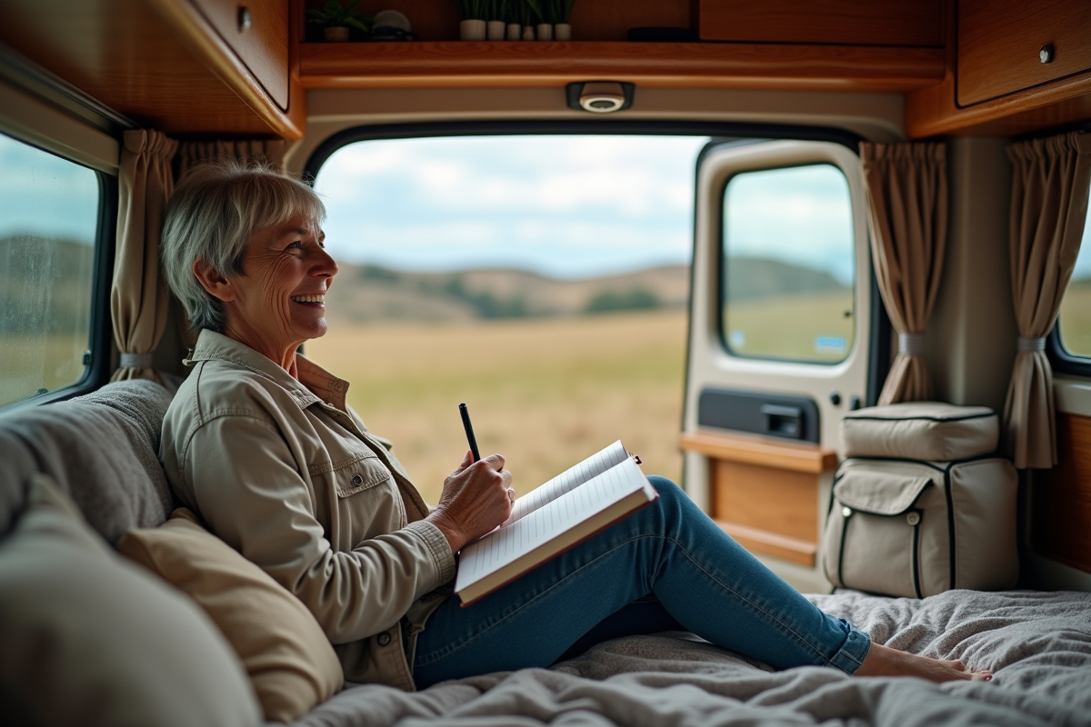 Femme seule écrivant dans un van face à la côte australienne