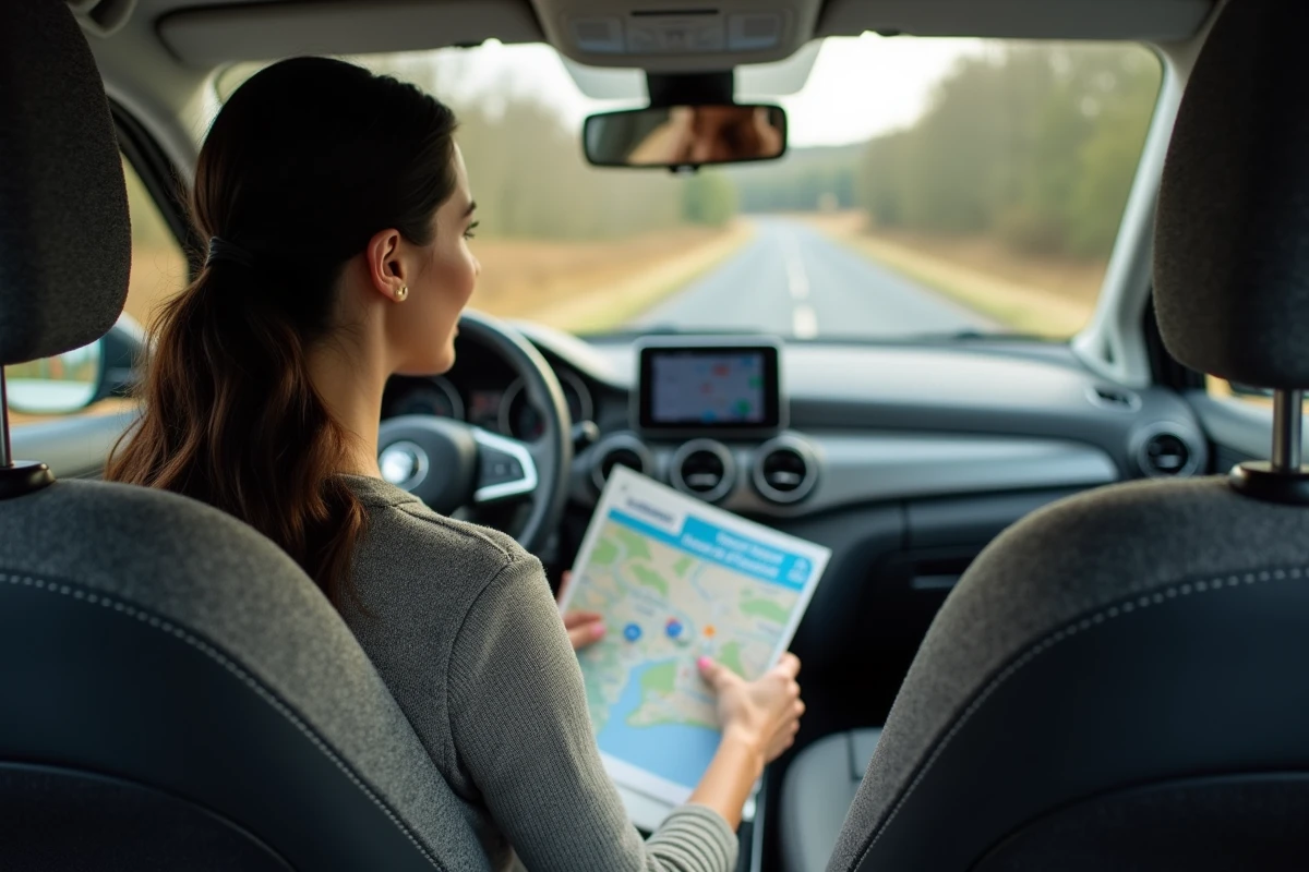 Femme tenant une carte Michelin dépliée dans l'habitacle d'une voiture sur une route de campagne française avec GPS sur le tableau de bord