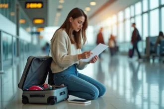 Jeune femme vérifiant sa liste de voyage à l'aéroport