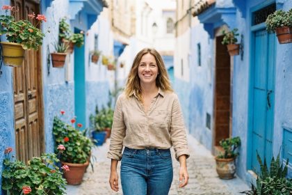 Femme souriante dans les ruelles bleues de Chefchaouen