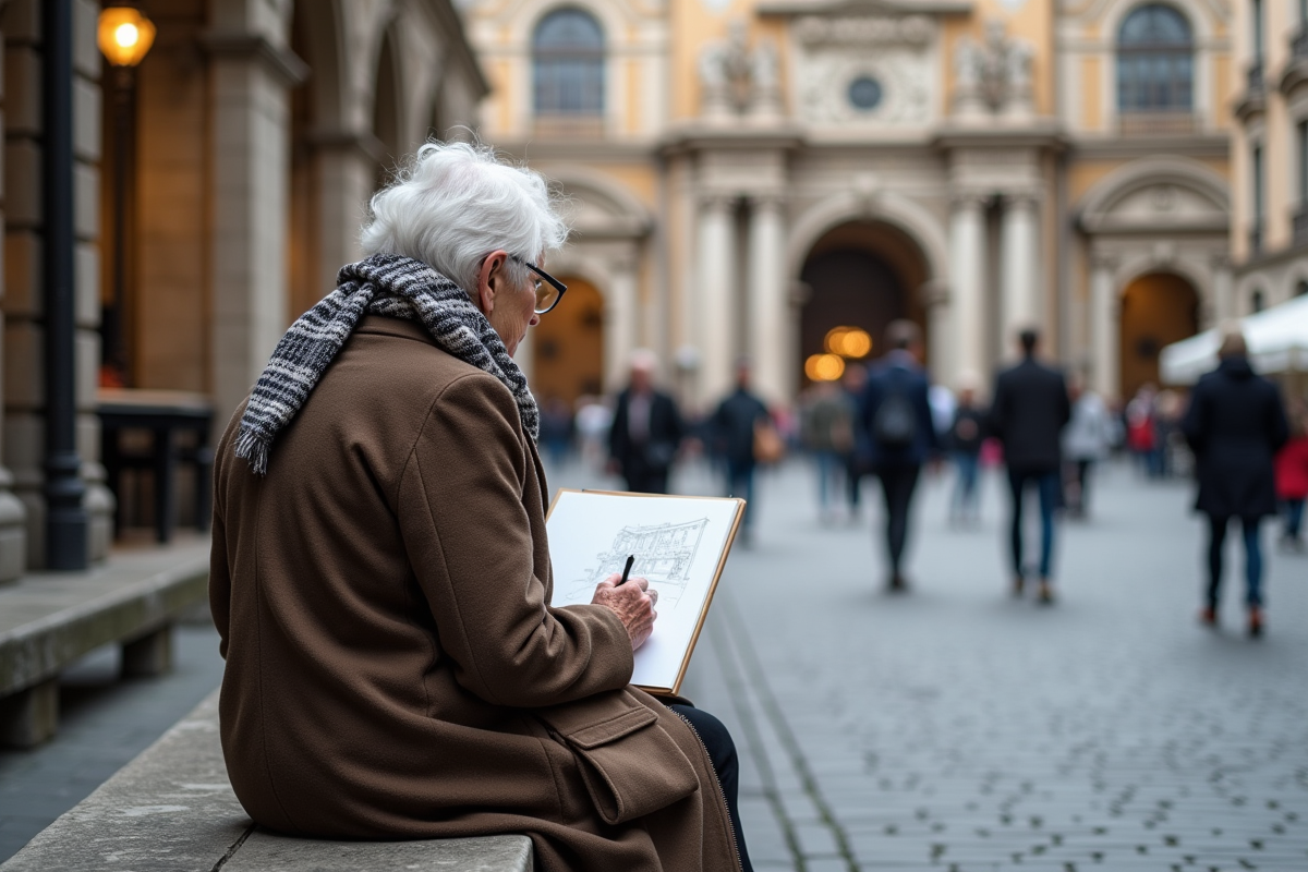 Femme âgée dessinant un bâtiment historique en ville