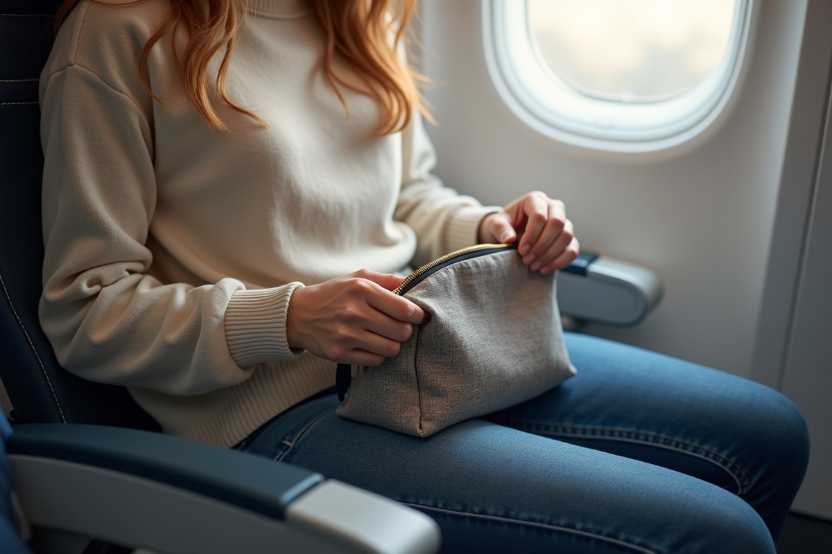 Femme plaçant une trousse de toilette dans la poche du siège avion