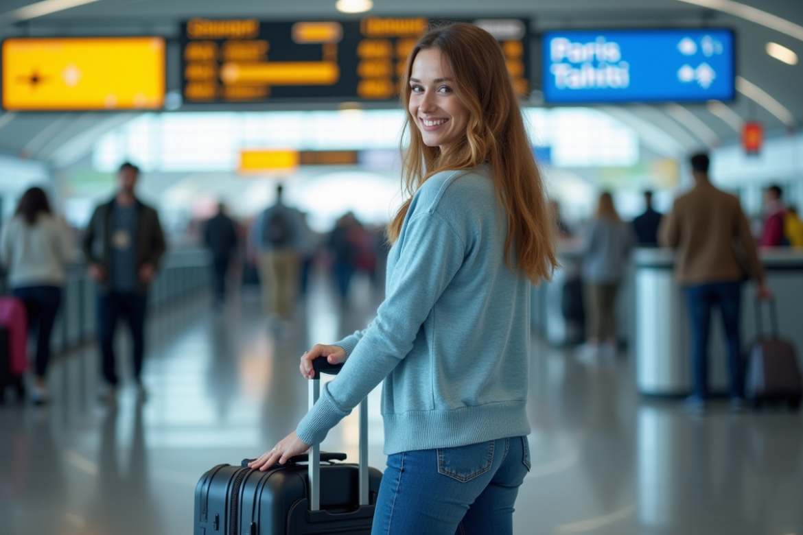 Femme souriante préparant son bagage à Paris pour Tahiti
