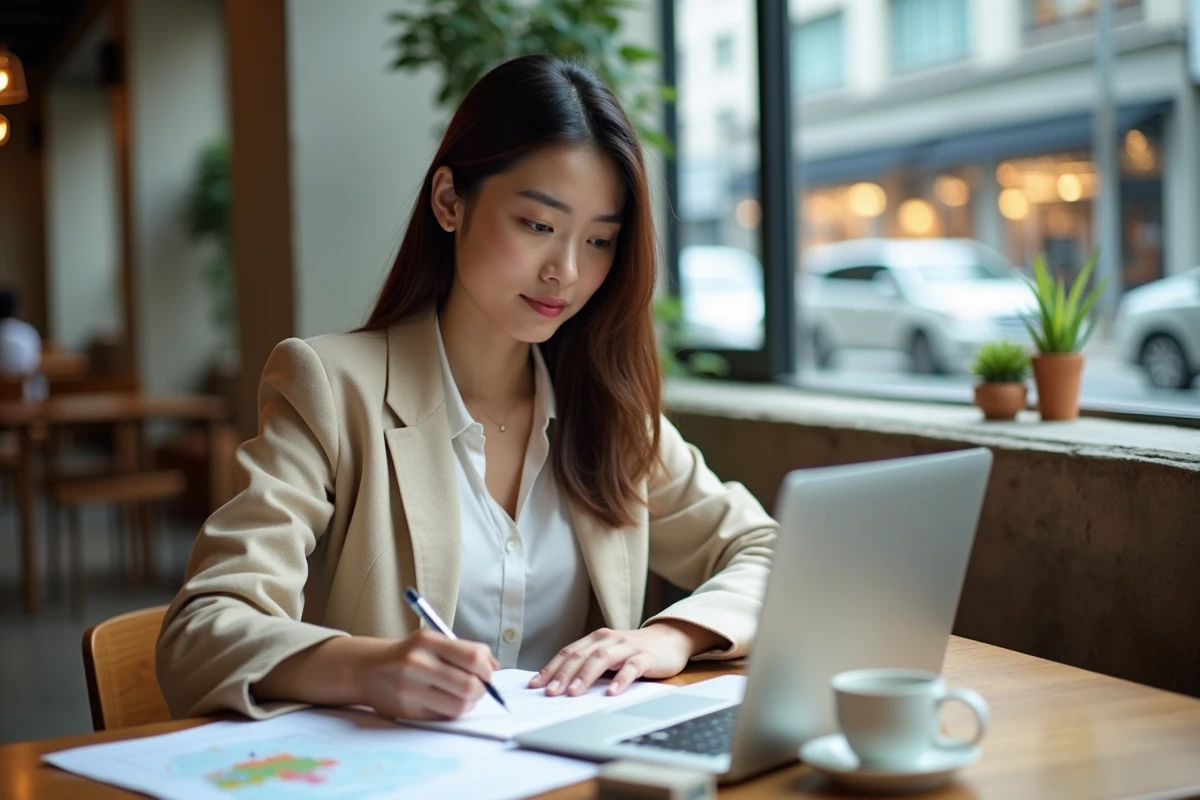 Jeune femme asiatique étudiant la géopolitique des pays asiatiques dans un café moderne avec carte numérique