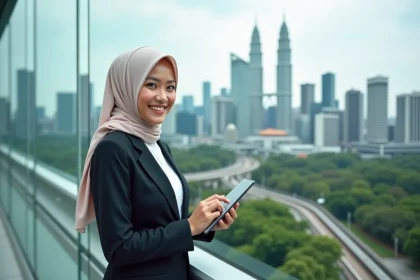 Femme malaisienne en hijab devant les tours Petronas