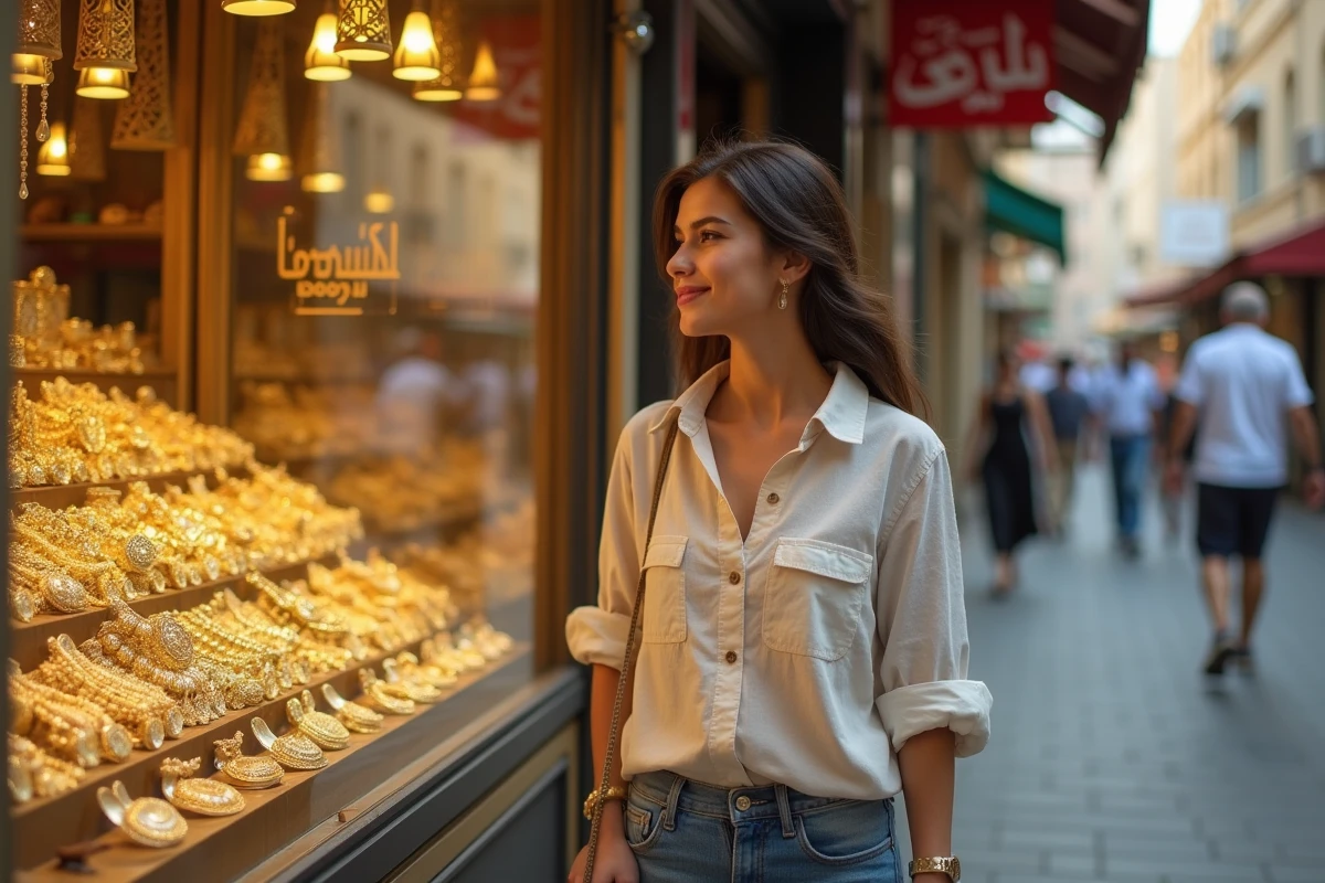 Jeune femme admire bijoux en or au souk de Dubai
