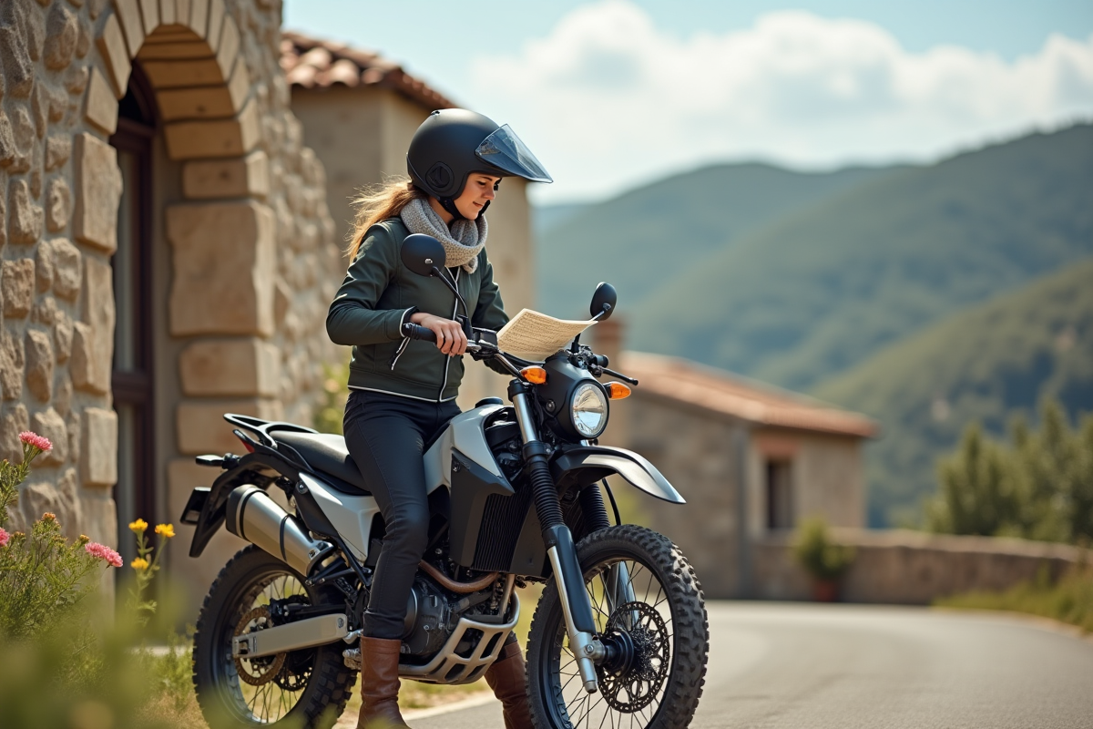 Femme regardant une carte à côté d une moto en Corse