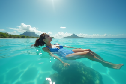Jeune femme nageant paisiblement dans l'eau turquoise à Tahiti