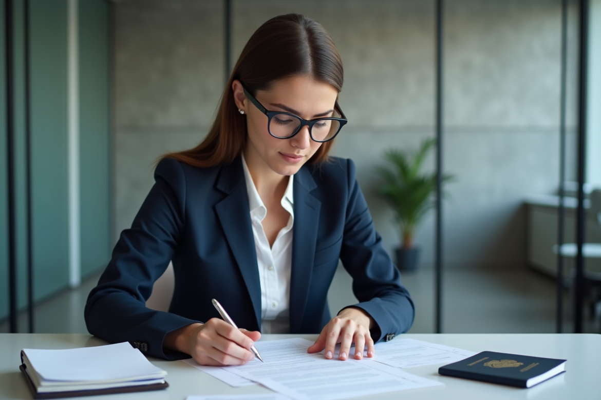 Femme professionnelle organise documents au bureau