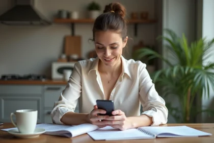 Femme en blouse organise documents dans une cuisine moderne