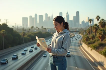 Jeune femme regardant une carte avec Los Angeles en arrière-plan