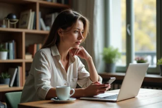 Femme française consultant les fuseaux horaires sur son ordinateur pour appeler Bali depuis Paris