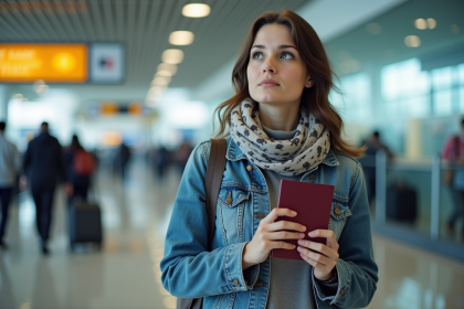 Jeune femme avec passeport à l'aéroport