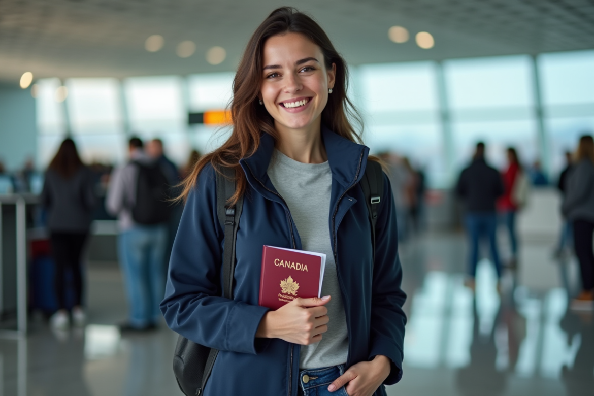 Femme souriante avec passeport et assurance voyage à l'aéroport
