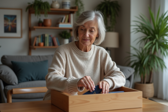 Femme déposant son passeport dans un tiroir discret