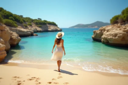 Jeune femme en robe d'été marche sur la plage de Cala d'Orzu