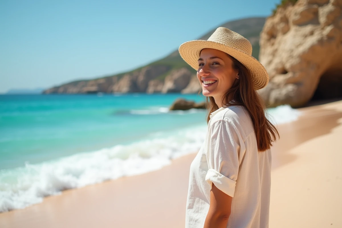 Femme souriante à la plage d'Elafonissi en Crète