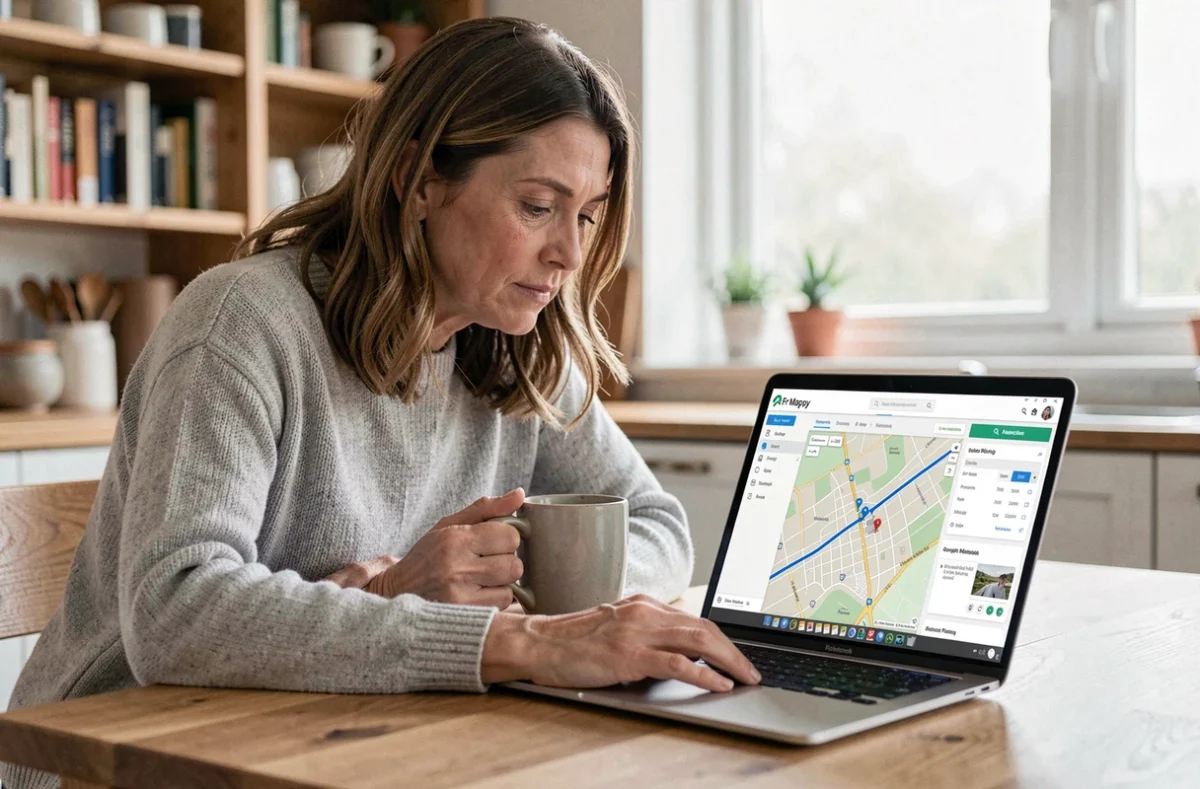 Femme planifiant un itinéraire routier sur le site Fr Mappy depuis son ordinateur portable à la maison