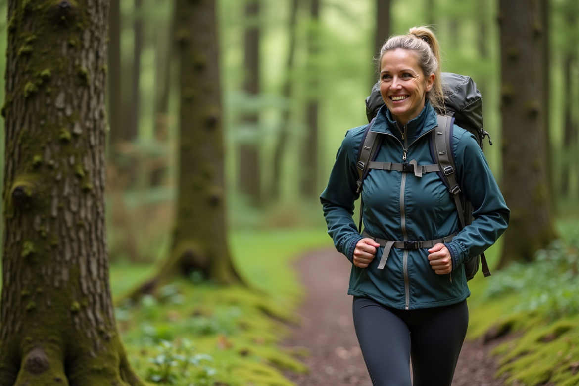 Femme sportive en randonnée dans la forêt verte
